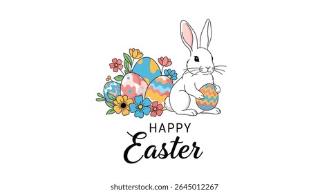 Celebrate the Joy of Easter with Colorful Flowers and a Happy Bunny