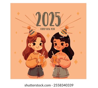 Celebrate the joy of New Year’s Eve with this vibrant image featuring two cheerful girls adorned in festive party hats, each holding colorful drinks