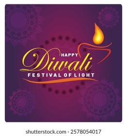 Celebrate the joyful festival of Diwali depicted with warm oil lamps and intricate mandalas on a purple gradient background. Flat vector modern illustration