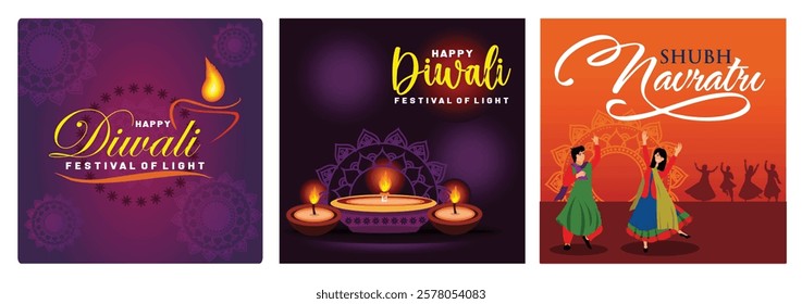 Celebrate the joyful festival of Diwali. intricate mandala artwork, and a warm atmosphere. Two dancers joyfully celebrate Shubh Navratri with festive colors and cultural motifs. 