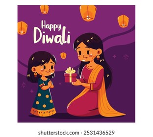 Celebrate the joyous occasion of Diwali with this beautifully designed greeting card featuring a heartwarming illustration of a mother and daughter