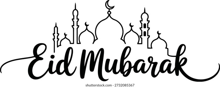 Comemore a alegre ocasião do Eid com esta elegante saudação caligráfica preta, apresentando elementos tradicionais da arquitetura da mesquita em branco.