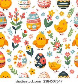 Celebrate the joys of spring with the 'Chirpy Easter Celebration Pattern', featuring adorable chicks, decorated Easter eggs, and vibrant spring flowers, perfect for holiday-themed apparel.