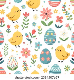 Celebrate the joys of spring with the 'Chirpy Easter Celebration Pattern', featuring adorable chicks, decorated Easter eggs, and vibrant spring flowers, perfect for holiday-themed apparel.