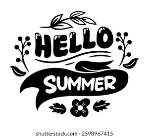 Celebrate the joys of summer with this beautiful floral decorative design featuring vibrant flowers, lush leaves, and stylish lettering. Ideal for adding a touch of seasonal charm to your projects.