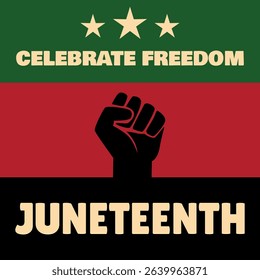 Celebrate Juneteenth freedom day with Pan-African red black green colors, raised fist, and modern square frame for photo collage or social media template