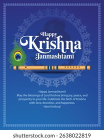Celebrate Krishna Janmashtami with this festive design featuring Lord Krishna’s flute, peacock feather, and cultural artwork symbolizing honoring this auspicious Hindu festival.