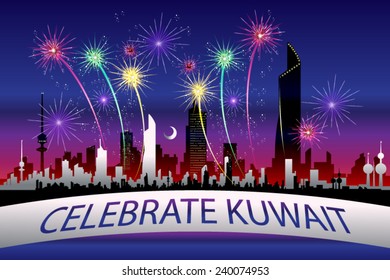 CELEBRATE KUWAIT - Greeting Card Background of Kuwait's Skyline lit by National Day's celebrations.