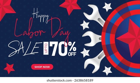 Celebrate Labor Day with a bold sale banner featuring tools, gears, and a red, white, and blue color scheme. Perfect for advertising