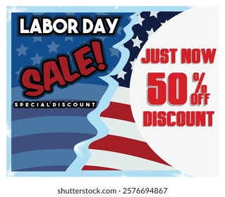 Celebrate Labor Day with exclusive discounts. Vibrantly patriotic design highlights special promotions, showcasing a fifty percent discount. Flat vector modern illustration 