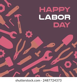 Celebrate Labor Day with a striking image featuring various tools and equipment set against a rich maroon background, honoring hard work and dedication in a bold and impactful way.
