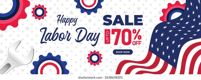 Celebrate Labor Day with this bright sale banner featuring gear motifs and USA themed red, white, and blue design. Perfect for digital marketing