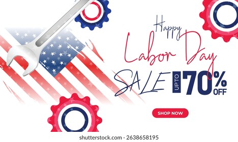 Celebrate Labor Day with this vibrant sale banner featuring gears and stripes in red, white, and blue. Ideal for promotions