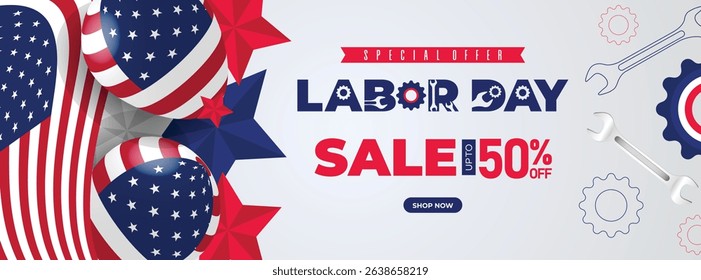 Celebrate Labor Day with this vibrant sale banner featuring American flag motifs, red, white, and blue colors, and star accents. Perfect for promotions, social media, and advertising