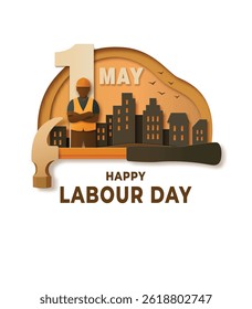  Celebrate Labour Day with a paper cut style poster featuring a builder in a hard hat, cityscape background, large hammer, and number 1 May. Perfect for May Day celebrations.
