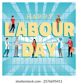 Celebrate Labour Day with this colorful showcasing professionals from various industries against a radiant background.  Flat vector modern illustration 