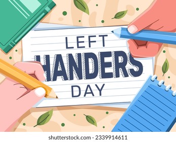 Celebrate Left Handers Day with a vector illustration featuring the hands of people writing together with their left hands on a book. Perfect for social media, awareness campaigns, web, 