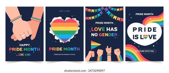 Feiern Sie den LGBTQ Pride Month mit diesem lebendigen Vektorgrafik-Poster-Set mit Regenbogenfarben, inklusiven Botschaften und verschiedenen Designs. Perfekt, um Liebe und Gleichheit zu fördern.