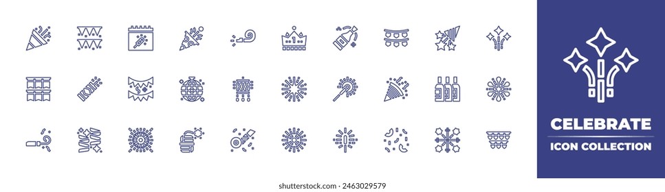 Celebrate line icon collection. Editable stroke. Vector illustration. Containing celebration, whistle, confetti, party blower, happy birthday, fireworks, pinata, firework, bengal light, pennants.