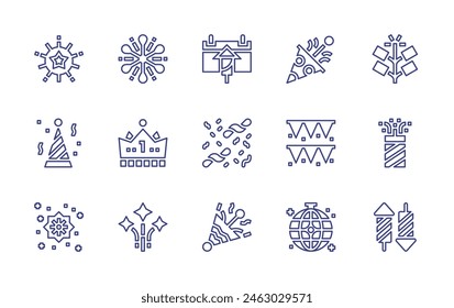 Celebrate line icon set. Editable stroke. Vector illustration. Containing confetti, celebration, fireworks, happy birthday, party hat, firework, garland, firecracker, disco ball.