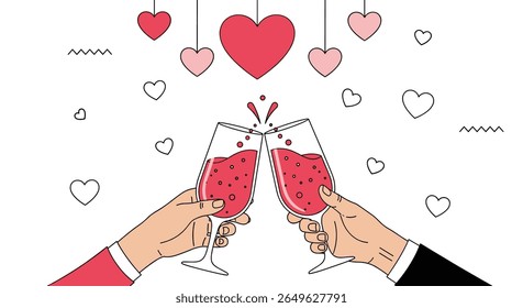 Celebre o amor e o romance com um brinde alegre de vinho tinto em meio a corações flutuantes e decorações festivas