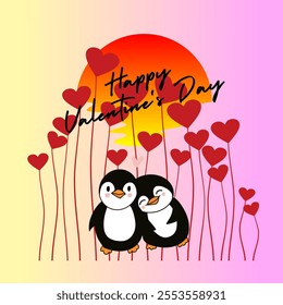 Celebrate love with this charming Valentine's Day illustration featuring two cute penguins cuddling under a vibrant sunset, surrounded by heart-shaped balloons and the text "Happy Valentine's Day.