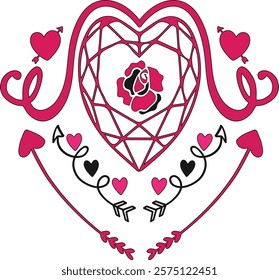 Celebrate love with this elegant Valentine’s Day-themed design featuring a geometric heart, blooming rose, and romantic arrows. Perfect for t-shirts, cards, and gifts to express love and affection.