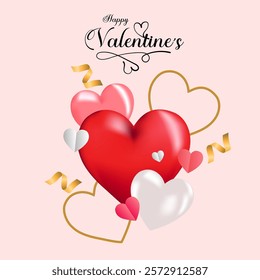 Celebrate love with this elegant Valentine's Day illustration Scattered hearts of various sizes golden ribbons and Happy Valentine's text create a romantic and festive atmosphere