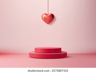 Celebrate love with this Valentine themed 3D red podium and heart balloon against a pink background. Ideal for romantic mockups, product displays, and creative designs