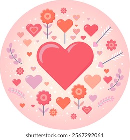 Celebrate love with this vibrant Valentine's Day illustration! Featuring a central heart surrounded by flowers, arrows, and smaller hearts, it’s perfect for cards, posters, and romantic designs