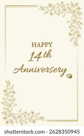 Celebrate love and togetherness with this elegant "Happy 14th Anniversary" card. Featuring a classic cream background with delicate gold floral accents and graceful typography, this card perfectly