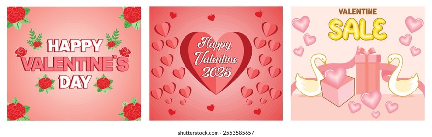 Celebrate love with a vibrant Valentine's Day. Romantic greeting card. Valentine's Day sale with hearts, swans, and gift boxes, conveying love and romance. Set flat vector modern illustration