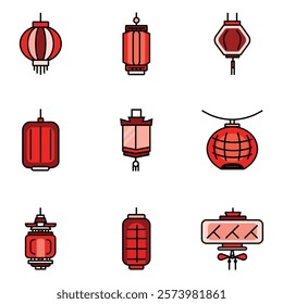 Celebrate Lunar New Year 2025 with vibrant set of red hanging lanterns in a flat vector  icon design, elegant strokes, and colorful decorative lights for festive decor. Editable stroke