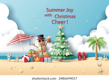 Celebrate the magic of Christmas in the warmth of summer. Embrace the joy with a beachside snowman, festive tree, and holiday cheer. Perfect for unique seasonal greetings and promotions.