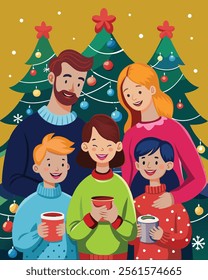 Celebrate the magic of the holiday season with this heartwarming illustration, 'New_Family Christmas Portrait.' This festive artwork captures the joy and togetherness of a happy family