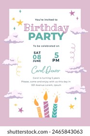 Celebrate a magical birthday with our charming greeting card! Featuring colorful candles, fluffy clouds, and twinkling stars, it's the perfect way to send your heartfelt wishes.