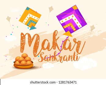 Celebrate Makar Sankranti background with colorful kites.