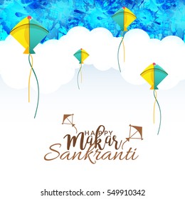 Celebrate Makar Sankranti background with colorful kites.