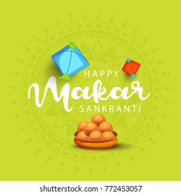 Celebrate Makar Sankranti background with colorful kites.