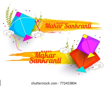 Celebrate Makar Sankranti background with colorful kites.