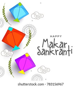 Celebrate Makar Sankranti background with colorful kites.