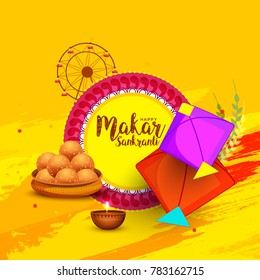 Celebrate Makar Sankranti background with colorful kites.