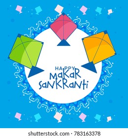 Celebrate Makar Sankranti background with colorful kites.