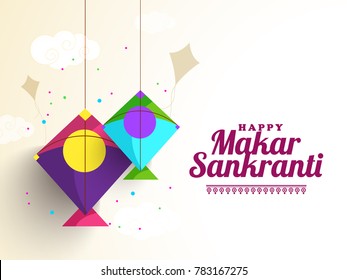 Celebrate Makar Sankranti background with colorful kites.