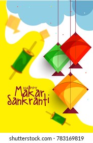 Celebrate Makar Sankranti background with colorful kites.