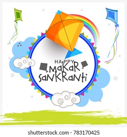 Celebrate Makar Sankranti background with colorful kites.