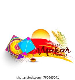 Celebrate Makar Sankranti background with colorful kites.