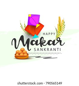 Celebrate Makar Sankranti background with colorful kites.