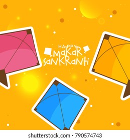 Celebrate Makar Sankranti background with colorful kites.