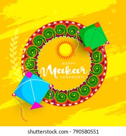 Celebrate Makar Sankranti background with colorful kites.